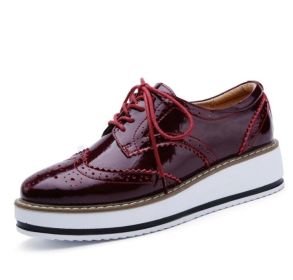 Leathe Square-Toe Lace-up Platform Oxford Sneakers (Color: Dark Red, size: 5)