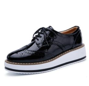 Leathe Square-Toe Lace-up Platform Oxford Sneakers (Color: Black, size: 8)