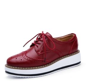 Leathe Square-Toe Lace-up Platform Oxford Sneakers (Color: Red, size: 8)