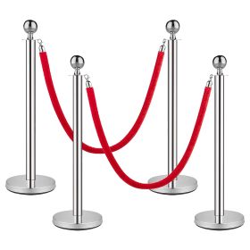 Stanchions and Velvet Ropes, Silver Crowd Control Barriers Red Rope 5FT/1.5 M, Stainless Steel Stanchion Post, Rope Safety Barriers Waterproof and Rus (Color: Silver)